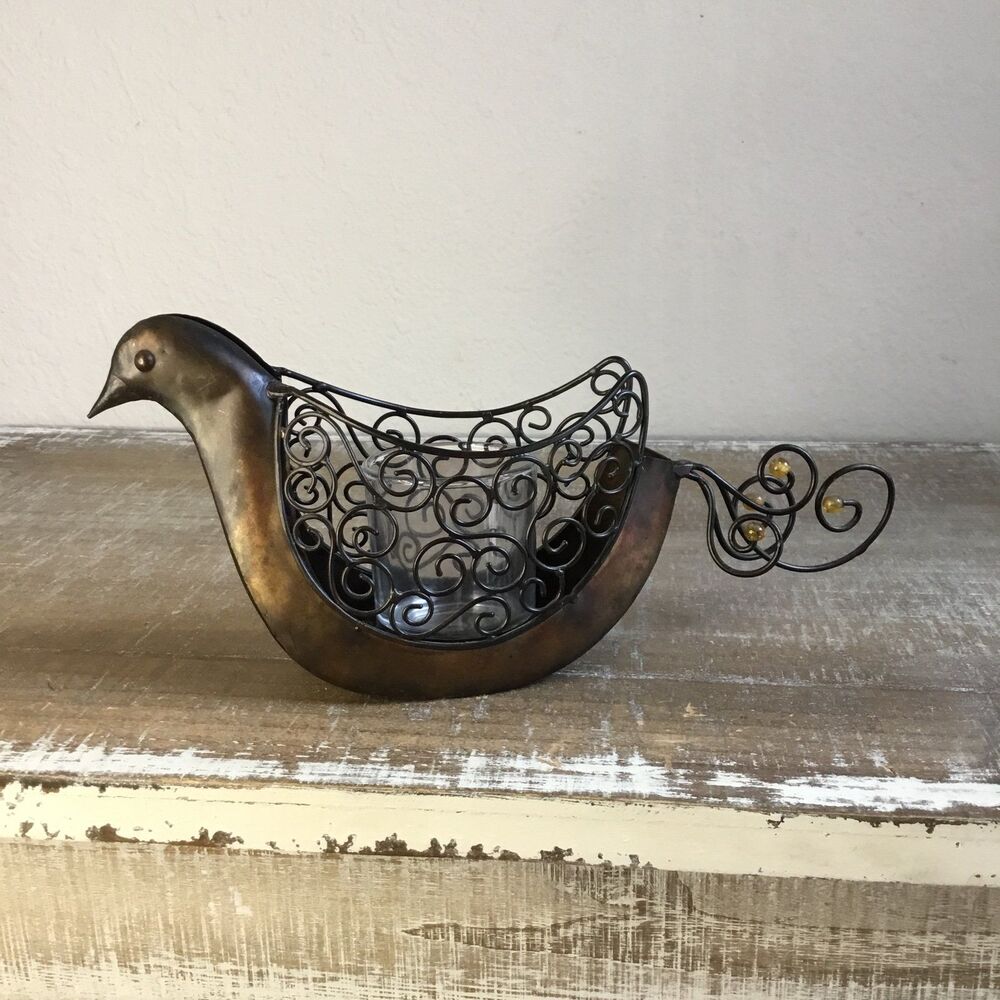 Metal bird scroll candle holder tea light classic decor 3" tall 10 1/2" long